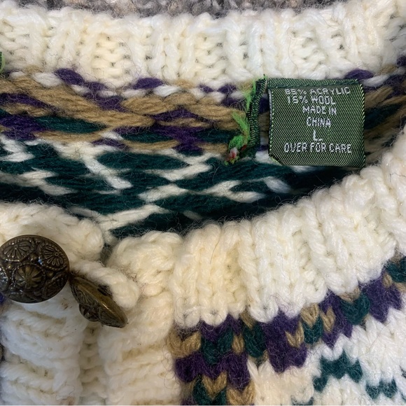 VTG Chunky Handknit Metal Button Nordic Ski Wool Blend Cardigan Sweater - Picture 5 of 12